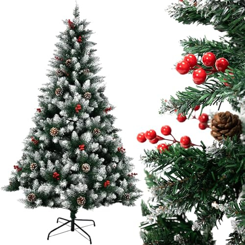 Carnavalife Arbol de Navidad Plegable con Decoracion Piña Frutos Rojos y Nieve, Arbol Navidad Artificial Robusto con Pie Metal Fácil Montaje para Exterior e Interior (Arbol con Fruto, 120CM)
