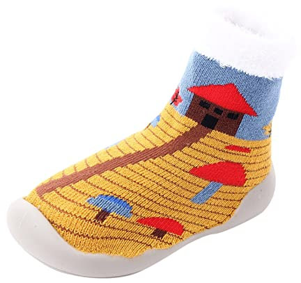 Lindas botas de invierno para bebé con estampado de árboles de Papá Noel para niños y bebés, de punto de goma, anticalcetines, botas de invierno para 18 meses, Amarillo, 22 EU