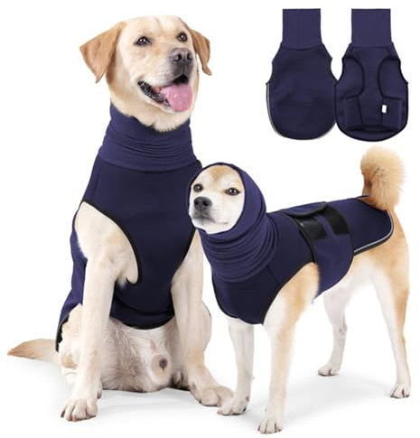Hundemantel mit beruhigender Kapuze und Ohrenschutz Anti Stress Weste Hund Beruhigungsweste Hund Rollkragen Angst Beruhigungsjacke für Hunde Calmingshirt mit reflektierenden Streifen -Blau, L