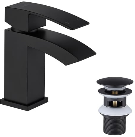 Friota Matt Black Waterfall Bathroom Taps with Pop Up Waste, Single Lever | Anti Fingerprint Basin Mixer Tap with G1/2 Water Hose, Anti Peeling Mono Modern Deck Mounted Sink taps for Bathroom