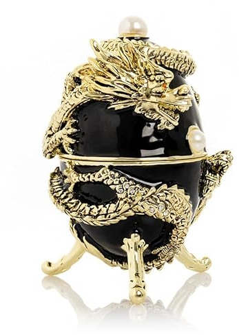 Keren Kopal Black Faberge Egg with Dragon Decorated with Black Austrian Crystals