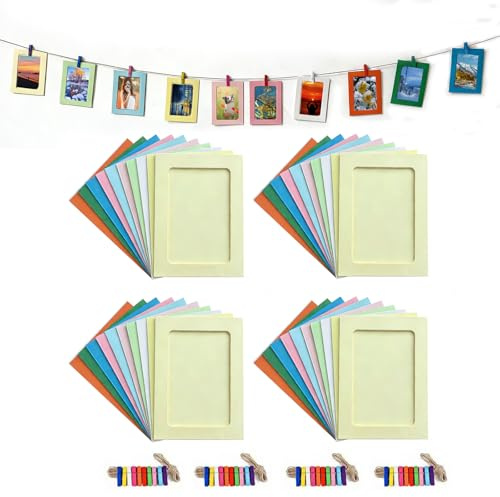 Hexizexi 40 Stk 7 Zoll Papier Bilderrahmen 13.5x18.5cm Farbig Fotogirlande | Fotogirlande mit 40 Holzklammern und 4 Rollen Hanfschnur Fototaschen zum Aufhängen für Geburtstage Hochzeiten Wanddekoration