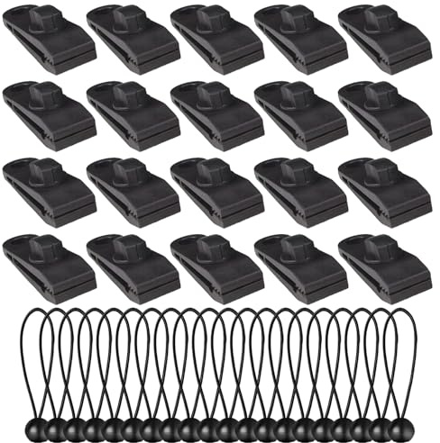 20PCS Tarpaulin Clips + 20PCS Ball Bungee Cords – Heavy Duty Tarp Clips with Strong Grip for Camping, Outdoor Covers, Canopies, Gazebo, Pool Tarps, Garden Sails, Tents, and Awning Anchoring