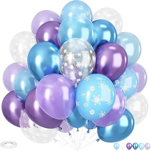 Luftballons Blau Lila Weiß 70 Stück 30cm Luftballons Geburtstag | Schneeflocken Konfetti Latexballons für Frozen Deko Geburtstag Ballons,Deko Hochzeit,Party Deko