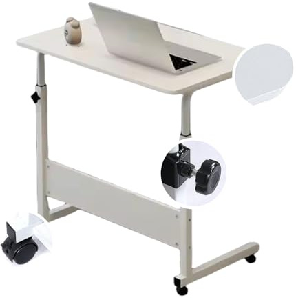JANDTEK Mesa con Ruedas y Altura Regulable 60x40cm | Escritorio Portátil con Estantería – Ideal para Ordenador, Cama o Sofá (Blanco Sencilla)