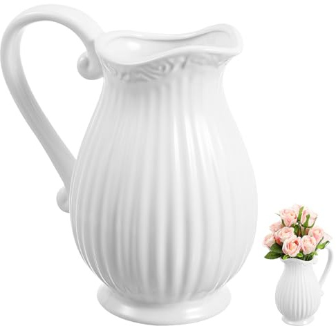 Homoyoyo Vaso Brocca in Ceramica Bianca Strisce Design Semplice e Versatile per Fiori Secchi o Piante Decorazione Contemporanea per Soggiorno Ufficio e Tavolo
