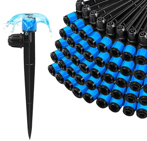 WZFLRUA 55 Pieces Drip Irrigation Emitters Vortex for 1/4 Tubing, Adjustable 360 Degree Water Flow Irrigation Fan Shape Spray Emitter On 5 Stake for Garden Watering System