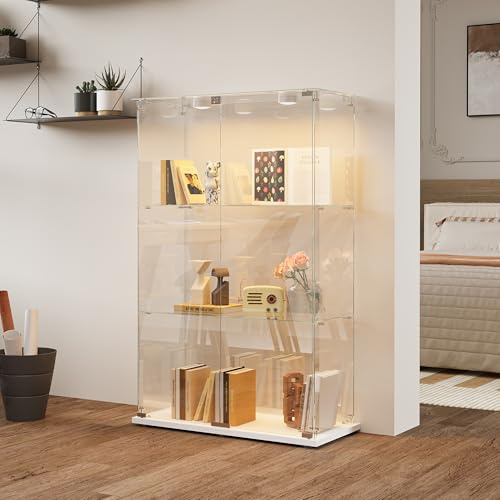 HFASD glasvitrinskåp stående vitrinskåp vit, glasvitrinskåp med LED-belysning, 3 golv och 2 dörrar, stående glasvitrinskåp, vitrinskåp, trä glas monter för vardagsrum kontor samlarobjekt vin böcker