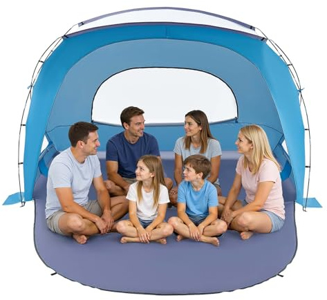 VEVOR Tienda de Playa para 6 Personas 285 x 175 x 184 cm, Carpa de Refugio de Sol Protección UPF 50+, Carpa Portátil de Playa con Bolsa de Transporte y Bolsillos para Arena, para Picnics, Azul