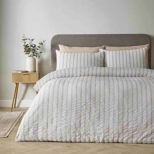 Catherine Lansfield So Soft Seersucker Stripe Double Duvet Cover Set with Pillowcases Natural