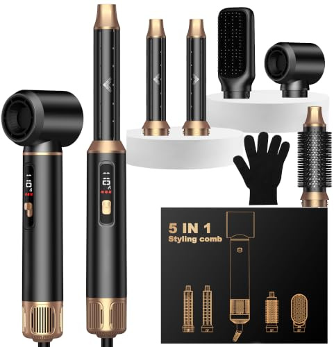 UKLISS LCD Hairstyler 5 in 1 Haarstyler Hair Styler Set Mit Lockenstab Luft | Hair Styler mit Hair Dryer, Rundbürstenföhn, Warmluft Lockenbürste, Thermal Brush, Haarföhn, Geschenke Set für Haarstyling