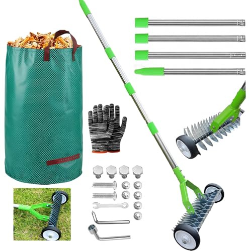 Handvertikutierer mit Rollen, 165cm Vertikutierrechen Garten, Rasenrechen mit Rädern, Laubrechen mit Stiel, Harke Garten, Heurechen, Schneidrechen mit Laubsack, Verstellbarer Länge Abnehmbar