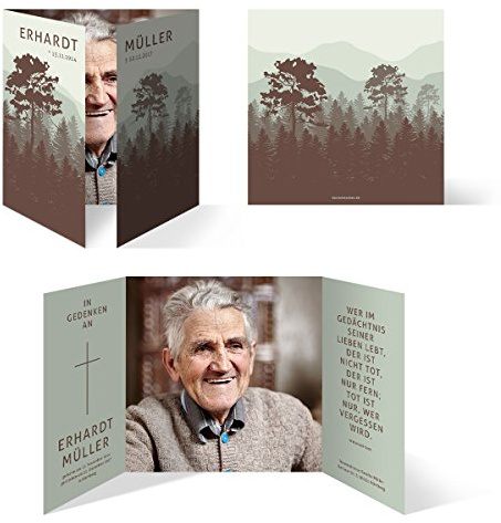 Sterbebild (20 Stück) Totenzettel Trauerkarten Individuell Personalisiert - stiller Wald in Grün und Braun