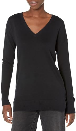 Amazon Essentials Pull Tunique Léger À Manches Longues Et Col En v (Disponible En Grande Taille) Femme, Noir, XXL