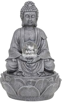 DRULINE Zimmerbrunnen mit LED - Zimmerbrunnen - Buddha Brunnen - Tischbrunnen - Polyresin Stein Optik/Glaskugel Crashlook - B/H/T ca. 20 x 30 x 20 cm - anthrazit - Indoor