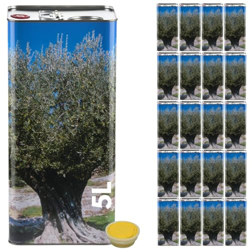 acquaverde | 24 Lattine per Olio EVO da 5 Litri, Contenitore Alimentare in Metallo con Nuovo Design Blu/Verde con Albero di Ulivo, Latta Rettagolare 5000 ml con Doppio Tappo e pratica Maniglia