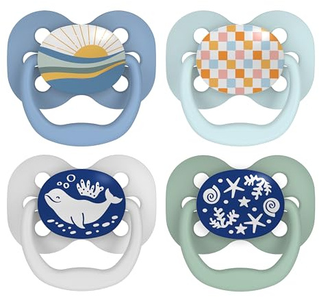 Dr. Brown's Advantage Glow-in-the-Dark Baby Pacifier, Fully Symmetrical Soother with Soft Silicone Bulb, Blue Sunrise-Blue Ocean, 0-6m, BPA Free, 4 Pack