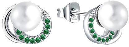 JO WISDOM Damen Perlen Ohrstecker Perlenohrringe Stecker silber 925 mit 7mm Süßwasserperle 3A Zirkonia Mai Geburtsstein Smaragd Farbe,Schmuck für Frauen