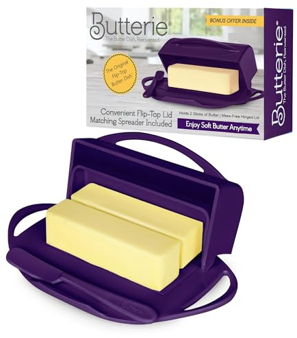 Butterie Flip Top Butter Dish, Purple | Attached Lid & Matching Knife, Holds 2 Sticks, Fits Kerrygold/European Butter, BPA Free & Dishwasher Safe