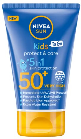 NIVEA SUN Kids Protect and Care SPF 50+ To Go Lotion (50ml), Water-Resistant Sunscreen, Kid's Sun Cream Provides Highly Effective UVB and 5 Star UVA Protection