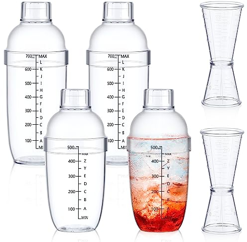 Uiifan Juego de coctelera de plástico de 6 piezas, 4 piezas de 17 onzas, 24 onzas, 2 piezas de 40 cc, mezclador de bebidas de doble medición con taza de marca de onzas, botella de cóctel transparente