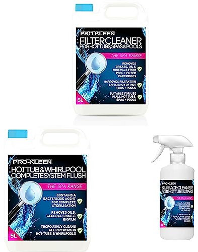 Pro-Kleen MY1437 Hot Tub, Pool & Spa Filter Cartridge Cleaner 5L & 5L of Pro-Kleen Hot Tub & Whirlpool Complete System Flush Cleaner & Pro-Kleen Antibacterial Hot Tub & Spa Surface Cleaner Spray