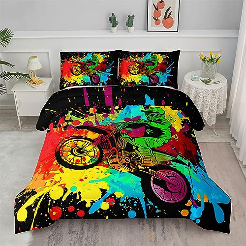 Axolotl Juego de ropa de cama de motocross, juego de edredón de motocross, ropa de cama de deportes extremos, juego de edredón de motocross, motociclista, para niños, adolescentes y hombres, 1 edredón