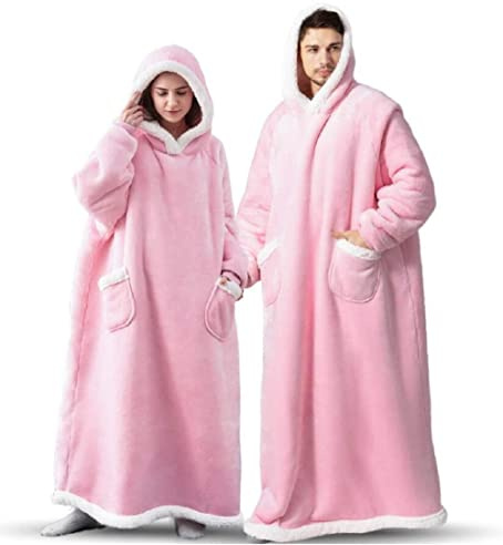 Sedefen Sweatshirt Hoodie Decke mit Ärmeln Deckenpullover,Flauschige Sherpa Kuscheldecke Tragbare Decke,Übergroße Kapuzenpullover für Damen Herren Erwachsene Warm Ärmeldecke Rosa