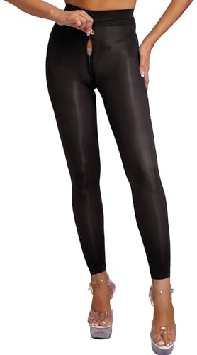 YiZYiF Damen Sexy Leggings Transparent Öl Glänzend Strumpfhose Schritt Offen Mit Reißverschluss Nylon Strümpfe Reizwäsche Schwarz L