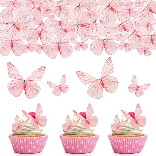 ENLACE 72 Stycken Ätbar Tårtdekoration - Fjärilar för Födelsedag, Bröllop, Cupcake och Muffins - Rosa Våffelpapper