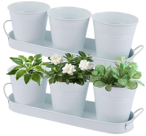 SHUESS 2 Sets of 3 Metal Herb Planter indoor Windowsill - Herb Pots for Kitchen Windowsill with Handled Tray - Herb Planter with Drain Hole - White Herbs Pots for Herbs, Plants and Flowers