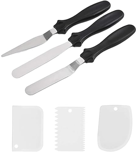 3 Pcs Cake Spatulas (Black) Paired with 3 Plastic Cake Spatulas (White), Icing Spatula, Stainless Steel Palette Knife, Suitable for Baking Accessories, Kitchen Utensils, and Cake Making Accessories