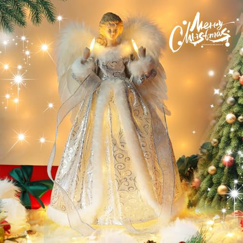 MACTING 14'' Angel Tree Topper with White Feather Wings and Silver Skirt, Christmas Tree Topper with LED Light for Xmas Tree Top Decor Holiday New Year Home Ornament Decorations