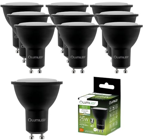 Lumiled LED GU10 Lampe 3W 270 Lm Neutralweiß 4000K Leuchtmittel Strahler ersetzt 25W 120° Strahlwinkel Spot Schwarz Reflektor 10 Stück Energiesparlampen