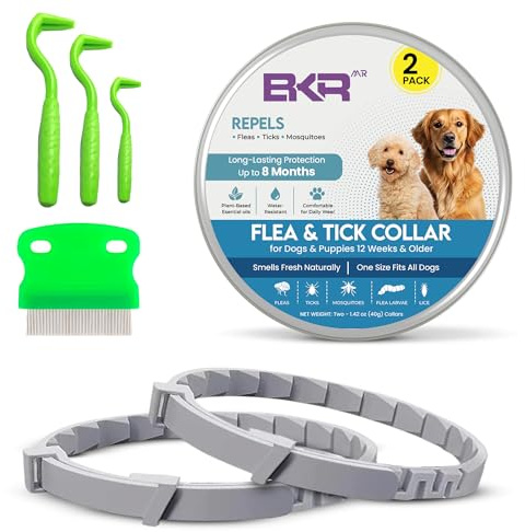 BKRMART Dog Flea and Tick Collar (2 Pack) – Natural Waterproof Flea Collar for Dogs & Puppies with 8 Month Protection Adjustable Dog Flea Collar Includes Tick Removal Tools & Flea Comb