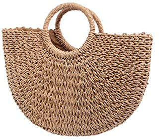Fowecry Women's Coffee Color Boho-chic Paper Rope Artificial Straw Beach Tote Bag, 31 cm (W) x 31 cm (L) x 6 cm (H), Top Drawstring Closure, Summer Fashion Style