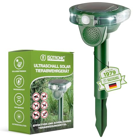 ISOTRONIC Ultraschall Tiervertreiber zur Abwehr von Katzen, Hunden, Füchsen & Waschbären – Solar Katzenschreck inkl. Erdspieß für den Garten – Hundeschreck mit 40m² Wirkungsbereich (1 Stück)