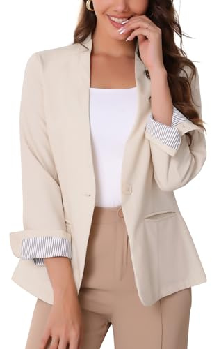 Allegra K Donna Blazer Elegante Estivo Giacca in Lino con Bottoni Blazers Leggero Manica Lunga da Lavoro Ufficio Albicocca XS