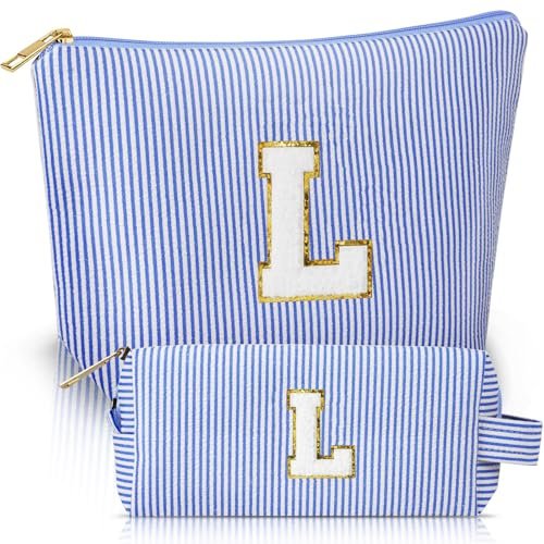 Aucuu Kosmetiktasche Damen, 2 Stück Initialen Make-up-Tasche, Cord-Reise Schminktasche, Reise Kulturbeutel, Tragbare Makeup Bag, Personalisierte Geschenke für Frauen Mädchen, Kosmetiktasche mit L