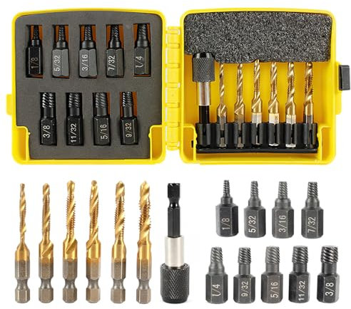 15 Pièces Kit Taraudage, Perçage, Taraudage-Chanfreinage Taraud, avec 1 Tige D'extension, 9 Extracteurs de Noix, Taraud Composé (1/4-20NC, 12-24NC, 10-32NC, 10-24NC, 8-32NC, 6-32NC) (jaune)