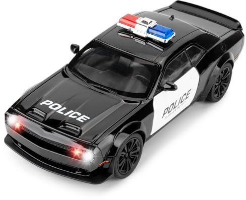 BGHSCA Kompatibel für Dodge Challenger SRT Hellcat Polizeiauto Modell, 1:22 Zinklegierung Spielzeugauto mit Sound und Licht, Pull Back Polizei Fahrzeug Spielzeug mit Rennstreifen für Erwachsene Kinder