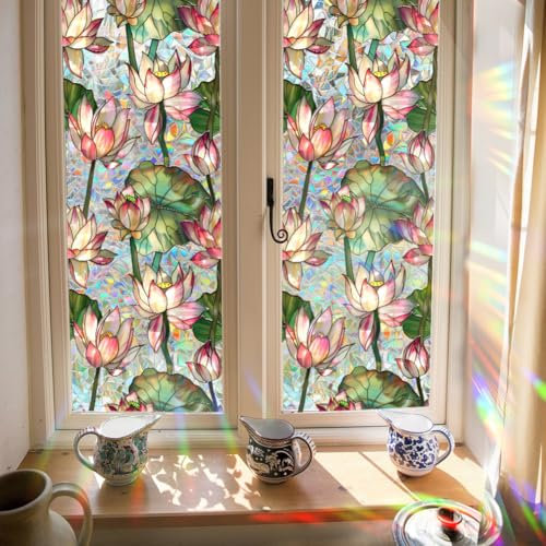 GORGECRAFT 39.4x17 Inch Lotus Flower Rainbow Window Privacy Film Large 3D Sun Blocking Stained Window Glass Decorative Window Cling Non-Adhesive Static UV Decals Reusable Sticker for Room Home