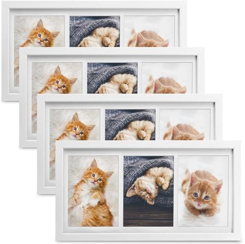 bomoe 4x Bilderrahmen Collage für 3 Fotos 10x15 cm – Fotorahmen Collage aus Holz, Kunststoffglas, Metall-Aufhängung & Passepartout Multirahmen für Bilderrahmen Set 10x15 Weiß Galeria