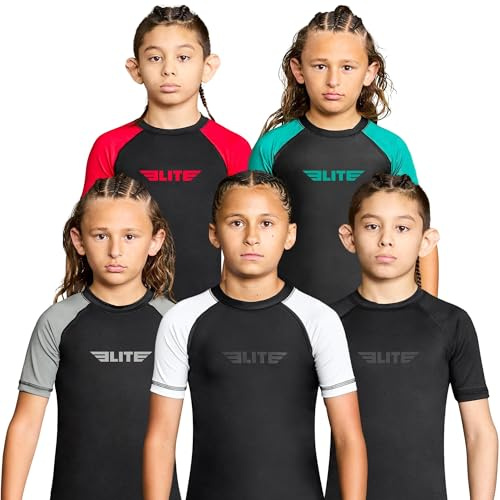 Elite Sports Kids Jiu Jitsu BJJ Rash Guard, Short Half Sleeve Compression Shirt for Youth Boys Girls Sports Nogi Training Grey