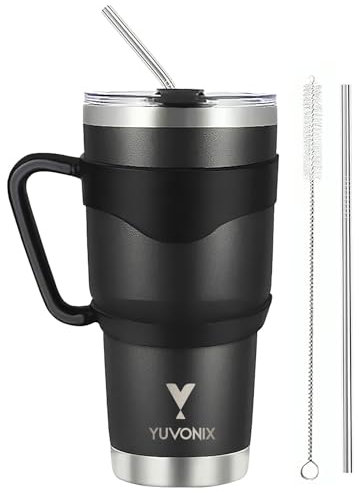30oz Stainless Steel Tumbler with Lid, Straw & Handle – Vacuum Insulated Travel Mug for Hot & Cold Drinks – Leak Proof, BPA-Free, Durable Coffee Tumbler, GIFT for Mom, Dad, Teen, or Friend (Black)