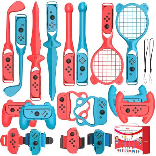 18-in-1 Switch Sports Spielzubehör-Set, kompatibel mit Nintendo Switch und Switch OLED, mit Tennisschlägern, Golfschlägern, Chambara-Schwertern, Beinriemen – ideal für Kinder und Familienpartys