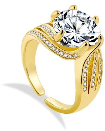 ALEXCRAFT Anillos Zirconia Mujer, Anillo Apilable Ajustable 14K Chapado en Oro, Brillante, Hipoalergenicos, Acero Inoxidable, Anillo Circonita Grande Ancho, Anillos de Boda de Compromiso