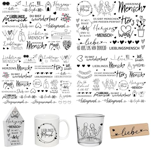 FloraVigo Rub On Sticker ca.A5 19x14cm-Spruch Deko zum Geburtstag, Keraflott, Hochzeit, Zuhause, Wischfolie für Möbel, Glas, Holz, Fotoalbum, DIY Deko, Aufkleberästhetik(4PCS) (Herzensmensch)