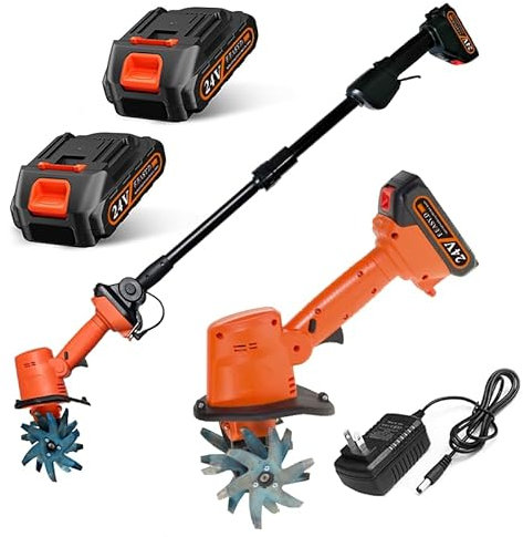 HYQNG Mini Cordless Tiller Cultivator 21V, Electric Garden Rotavator with 2 X 1500Mah & Telescopic Pole, 235Rpm, 10Cm Tilling Width,10cm Working Depth, for Soil Cultivation