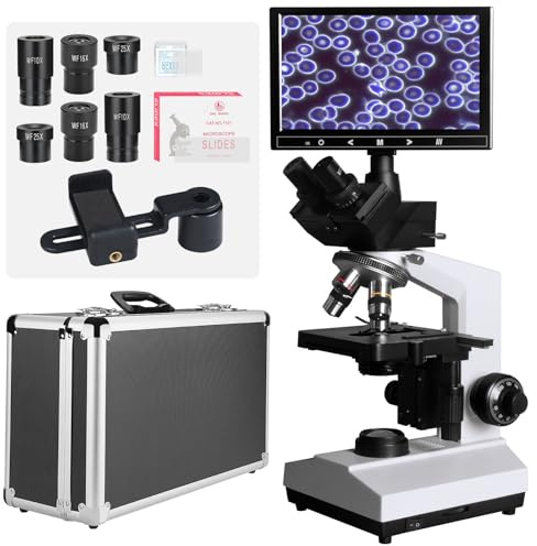 Microscopio Trinoculare Trinoculare da laboratorio con campo oscuro e campo luminoso Vabiooth con ingrandimento 40X-2500X con monitor da 7, oculare E-5 MP, stadio meccanico regolabile, illuminazione